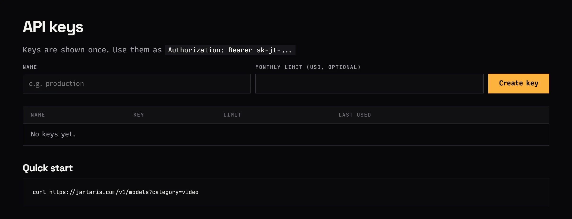 Jantaris dashboard: create an API key with a name and an optional monthly spending limit