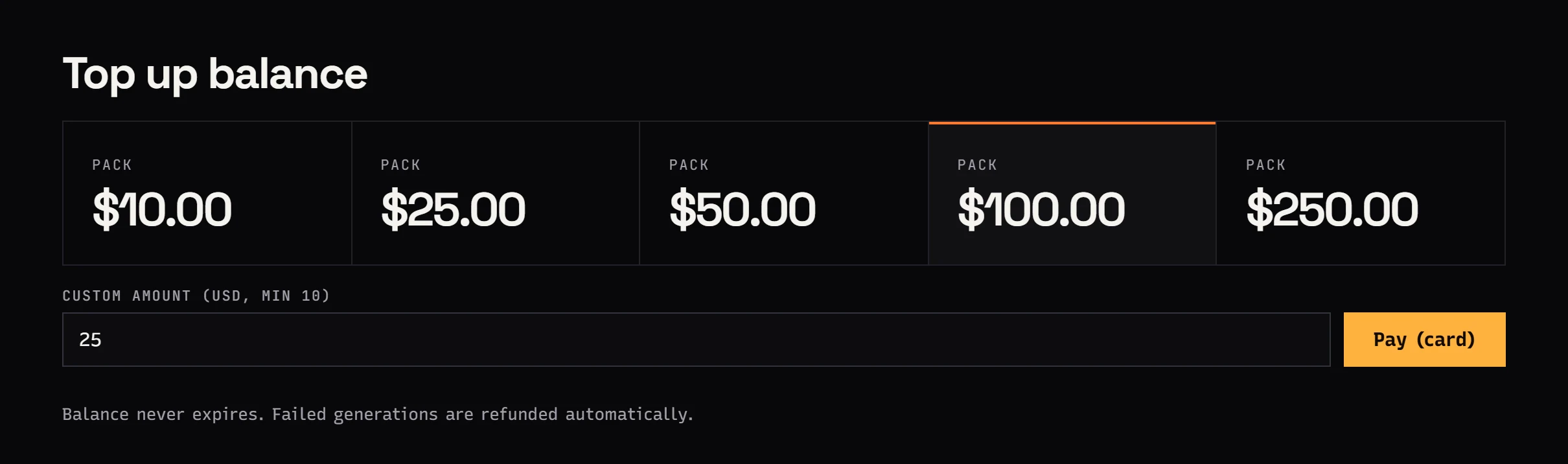 Jantaris dashboard: top-up screen with quick amounts and a custom amount field