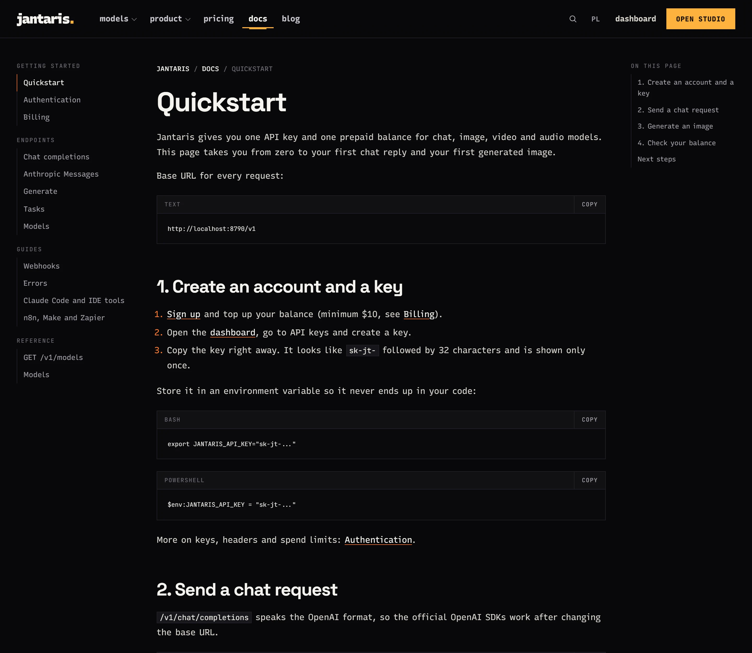 Jantaris docs quickstart page with the API base URL and the first chat request