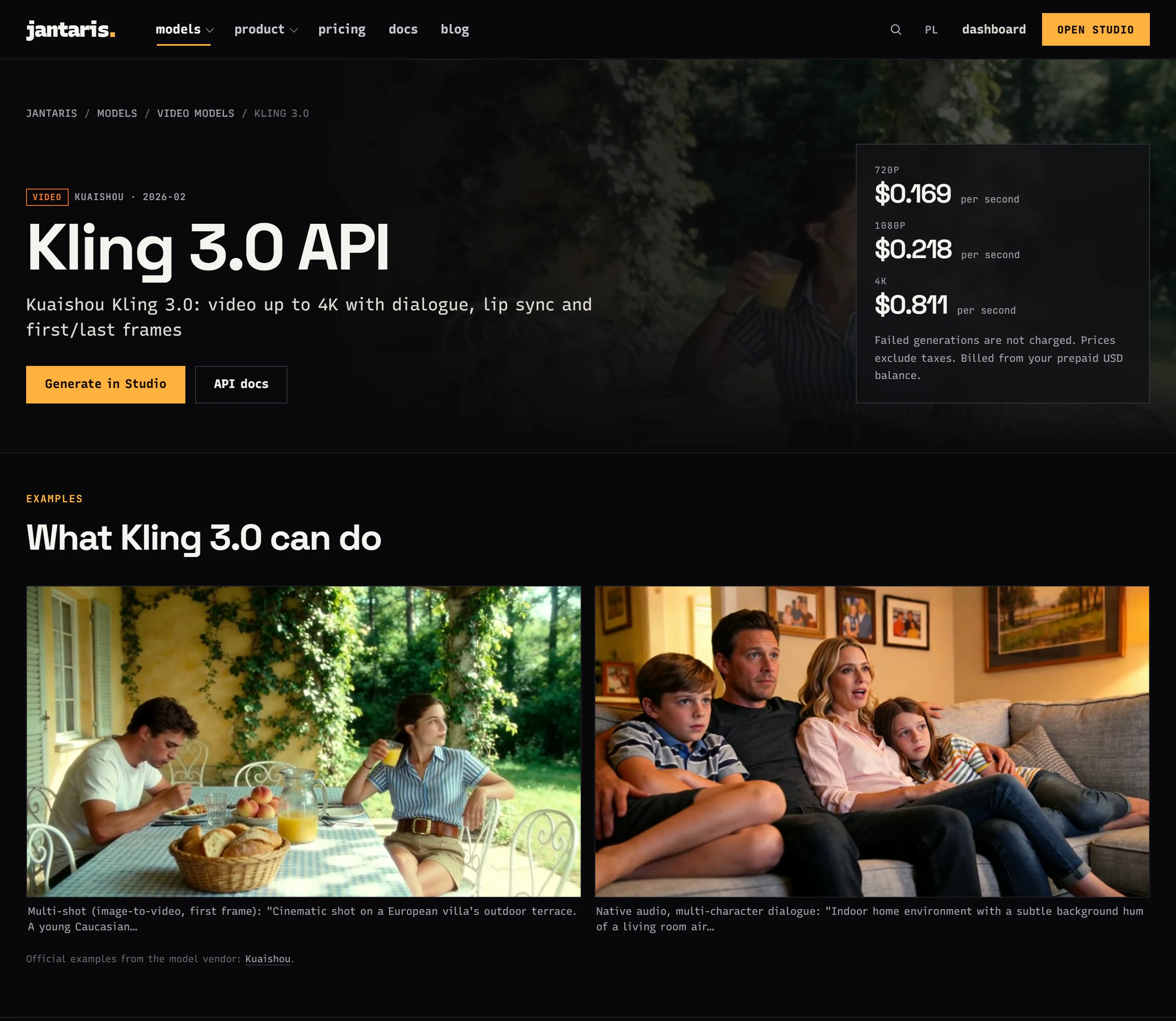 Kling 3.0 model page on Jantaris showing per-second prices for 720p, 1080p and 4K