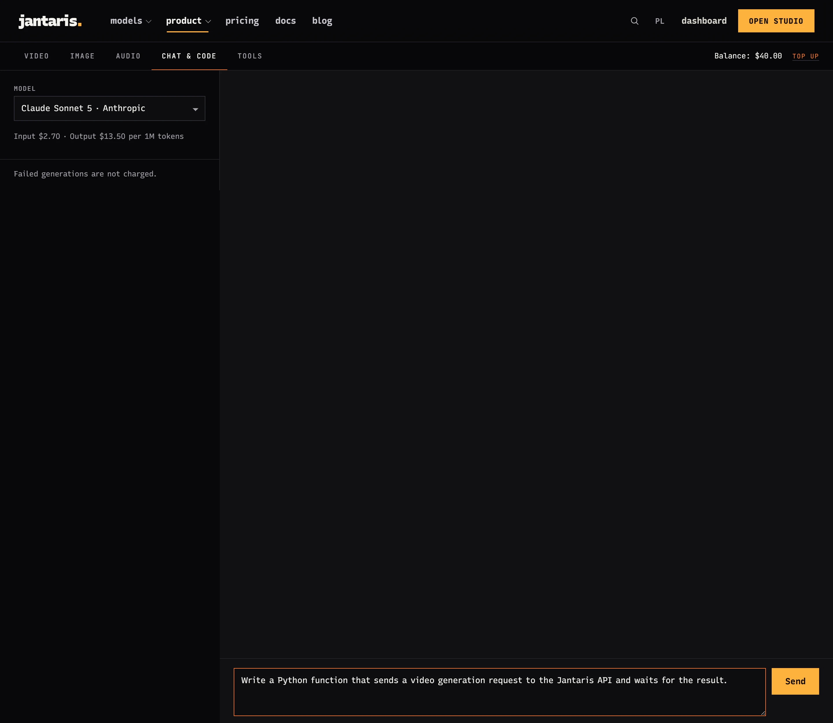 Jantaris Studio: Chat and code tab with Claude Sonnet 5 selected and per-token prices