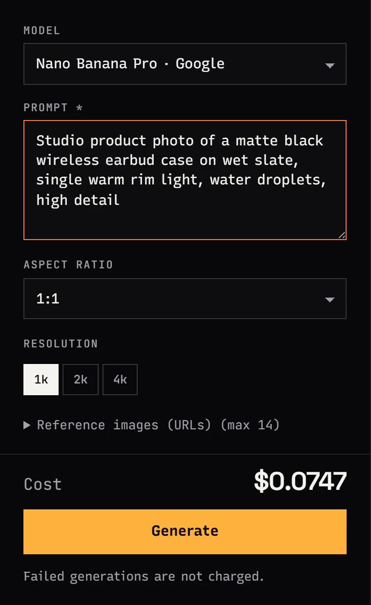Jantaris Studio: Nano Banana Pro form with 1:1 aspect ratio, 1k, 2k and 4k resolution and a reference images field