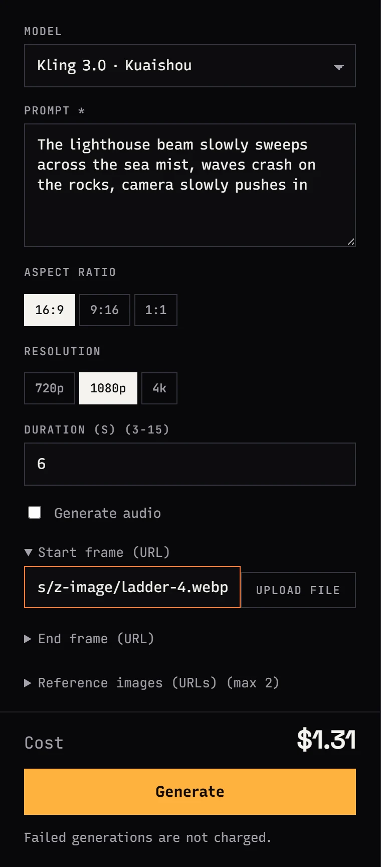 Kling 3.0 form in Jantaris Studio with a first frame, 1080p, 6 seconds and the cost before generating