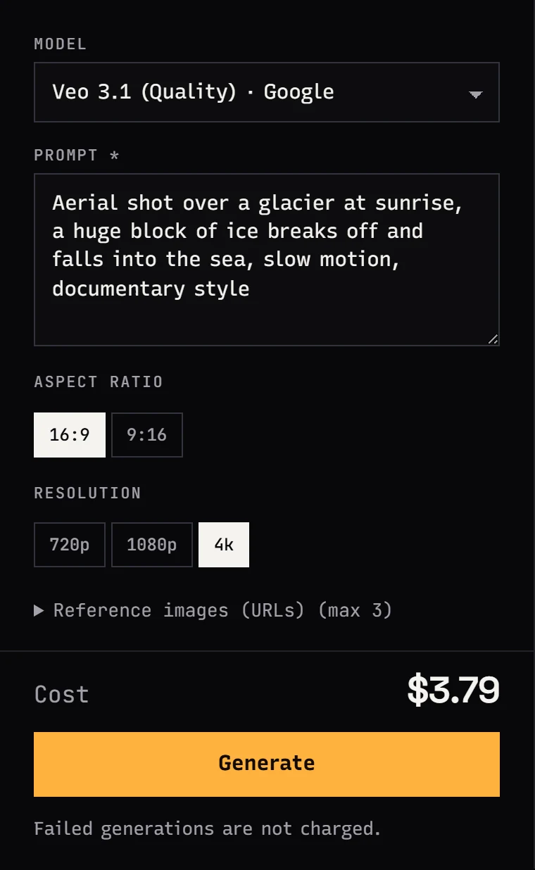 Jantaris Studio: Veo 3.1 Quality form with a glacier prompt, 16:9, 4K selected and the cost shown before generating