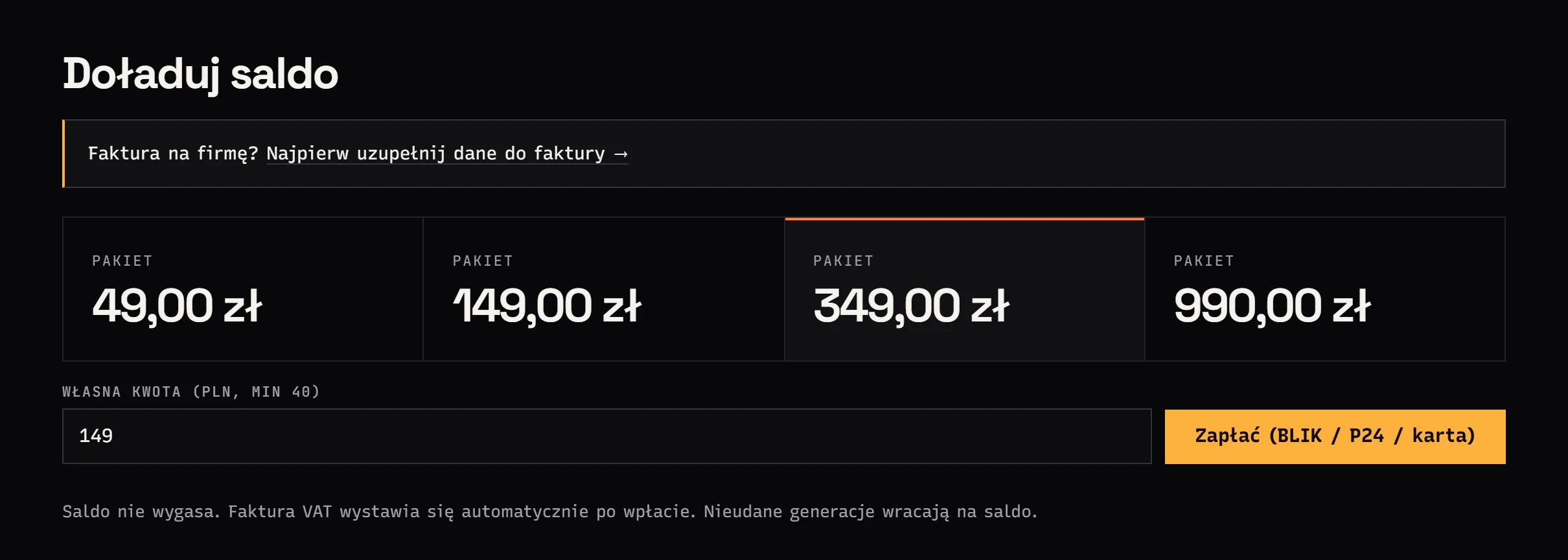 Panel Jantarisa: doładowanie salda pakietami 49, 149, 349 i 990 zł albo własną kwotą od 40 zł