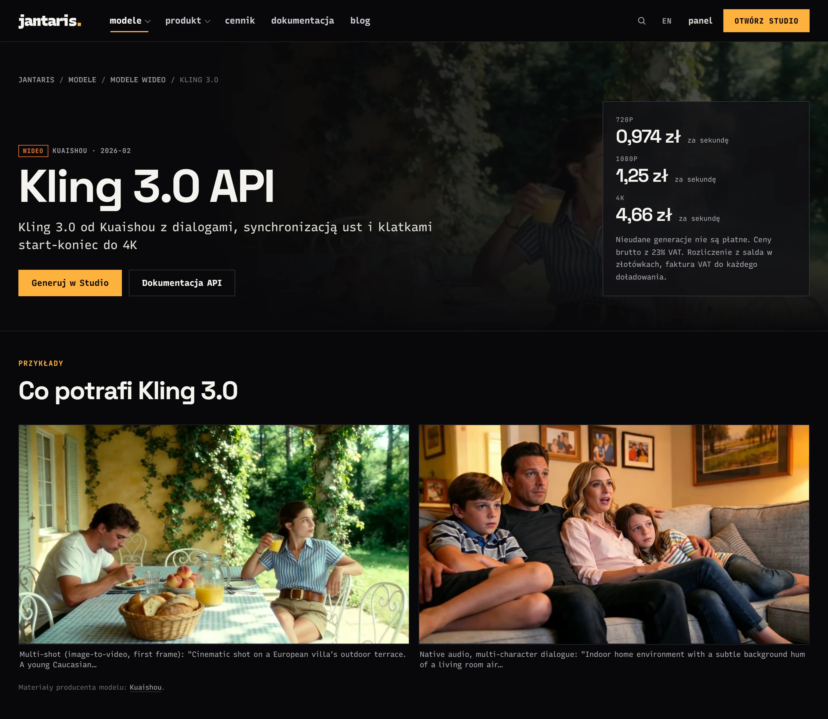 Strona modelu Kling 3.0 w Jantarisie z cenami za sekundę w 720p, 1080p i 4K