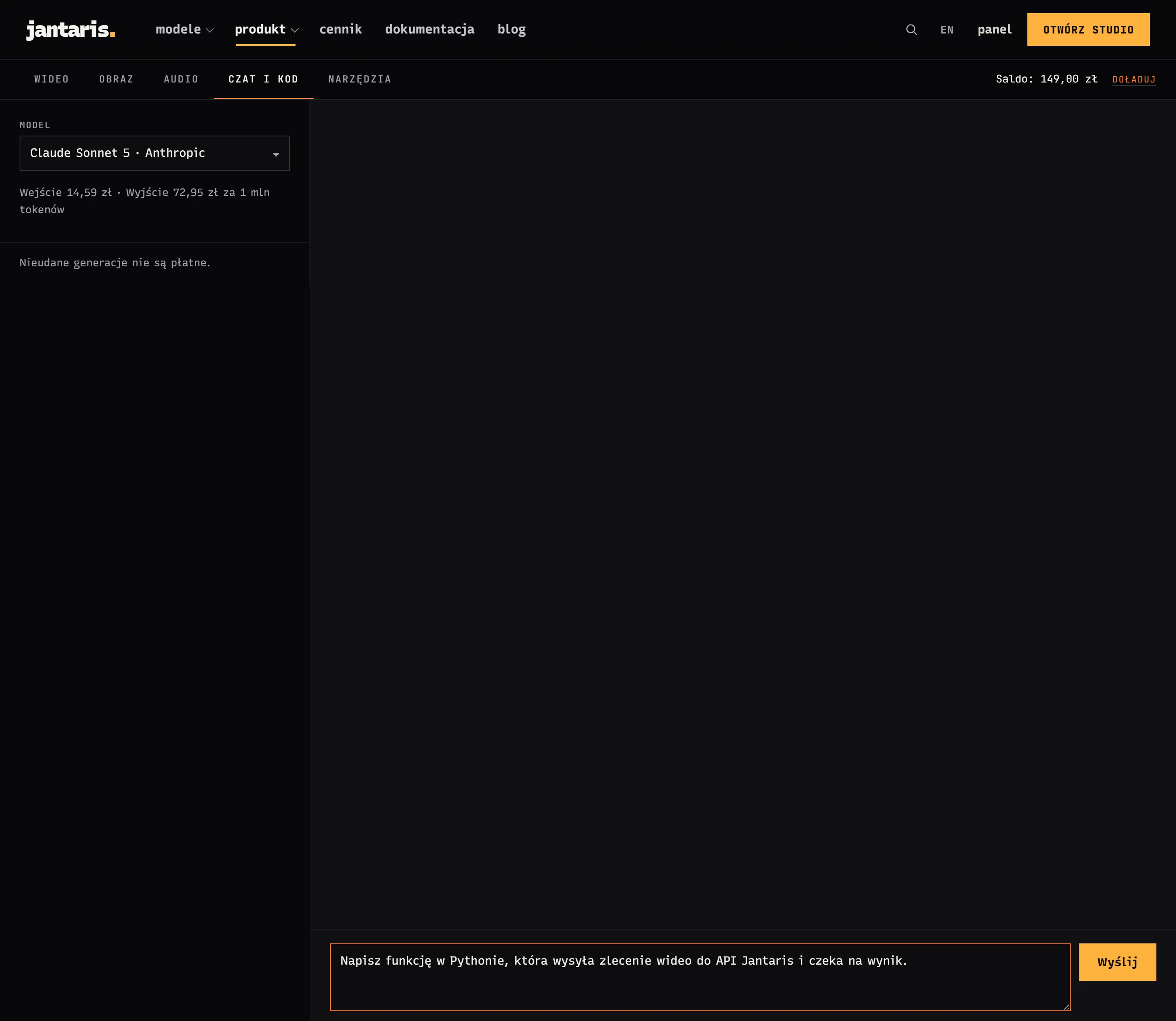 Jantaris Studio: zakładka Czat i kod z wybranym modelem Claude Sonnet 5 i cenami za 1 mln tokenów