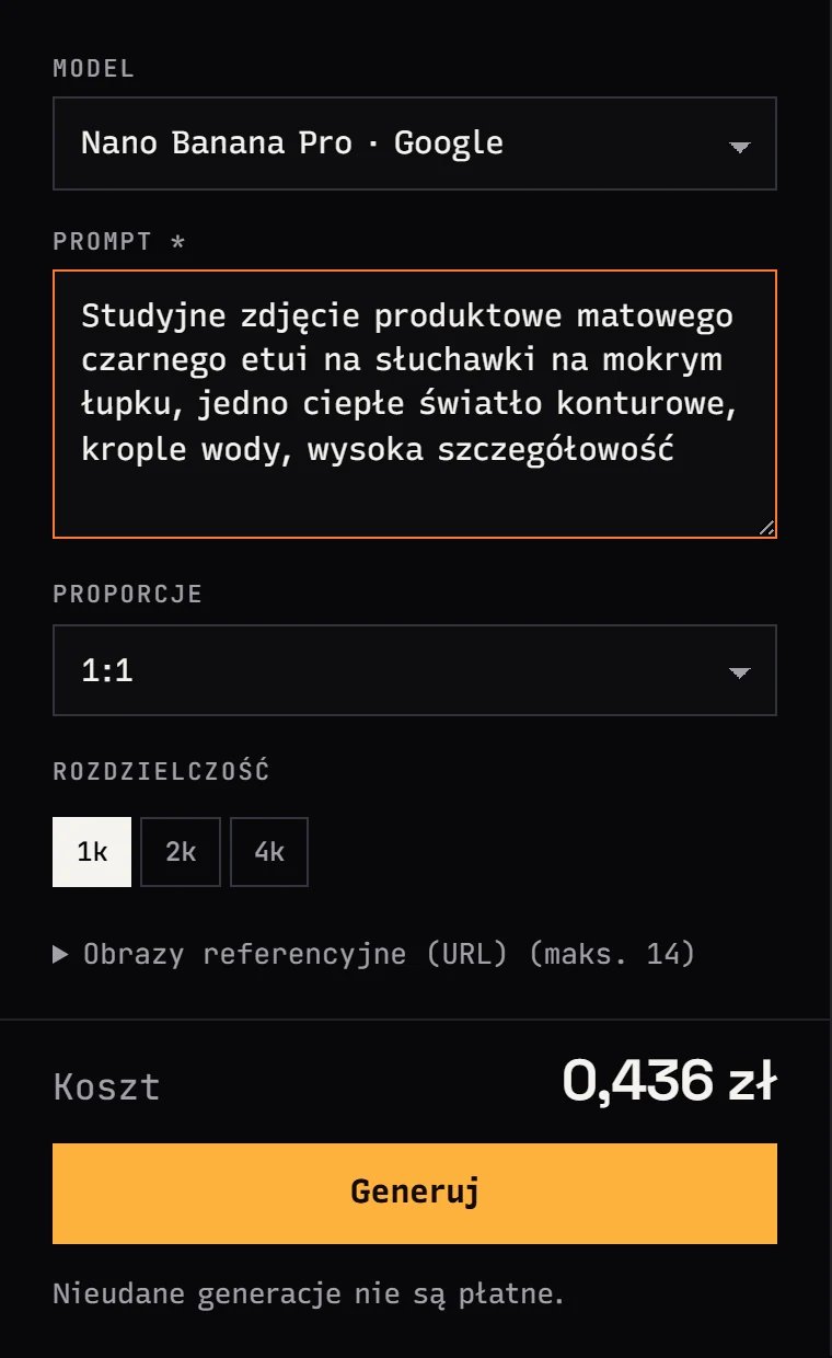 Jantaris Studio: formularz Nano Banana Pro z proporcjami 1:1, rozdzielczością 1k, 2k, 4k i polem obrazów referencyjnych