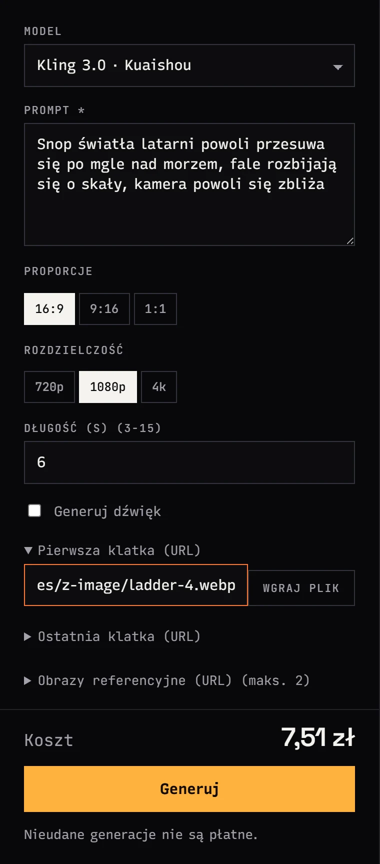 Jantaris Studio: formularz Kling 3.0 z polem Pierwsza klatka (URL), przyciskiem Wgraj plik i kosztem pod formularzem