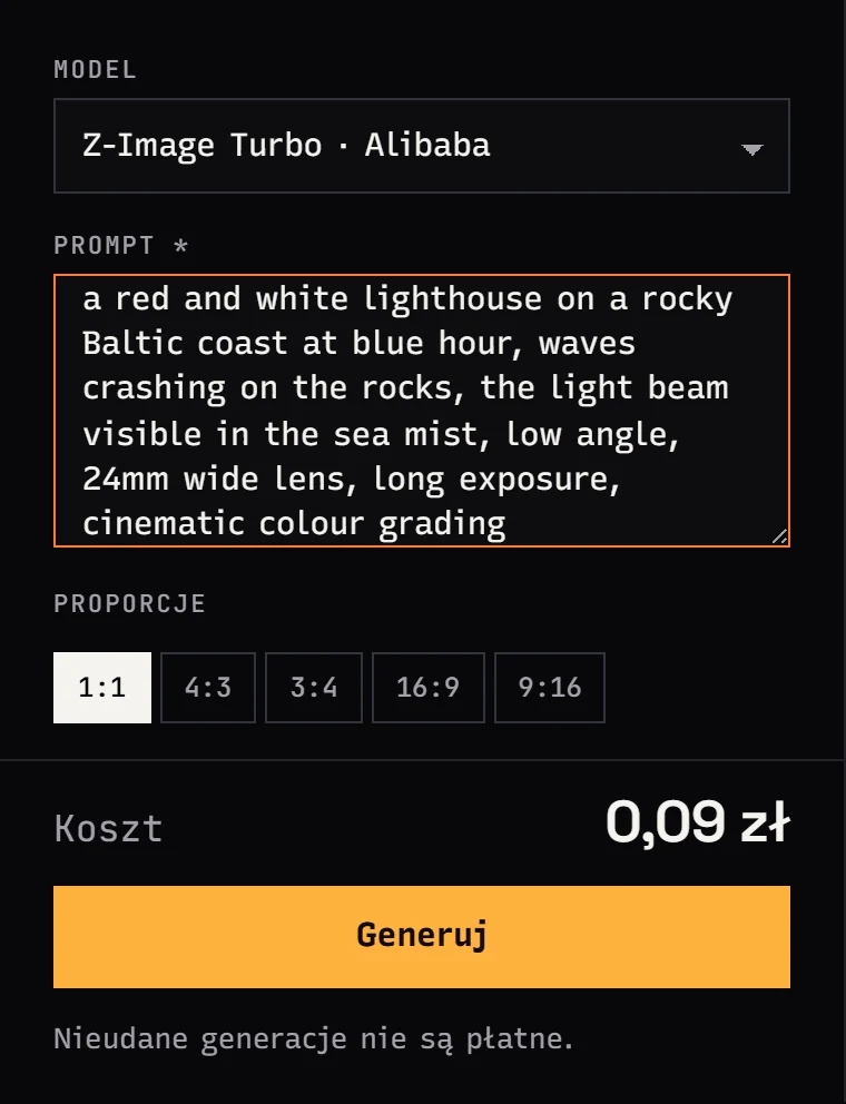 Formularz Jantaris Studio: model Z-Image Turbo, prompt, pięć proporcji i koszt przed generowaniem