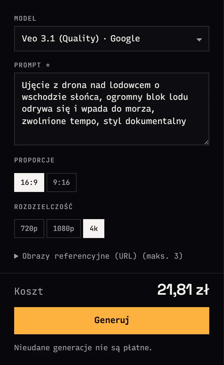 Formularz Veo 3.1 Quality w Jantaris Studio z rozdzielczością 4K i kosztem klipu
