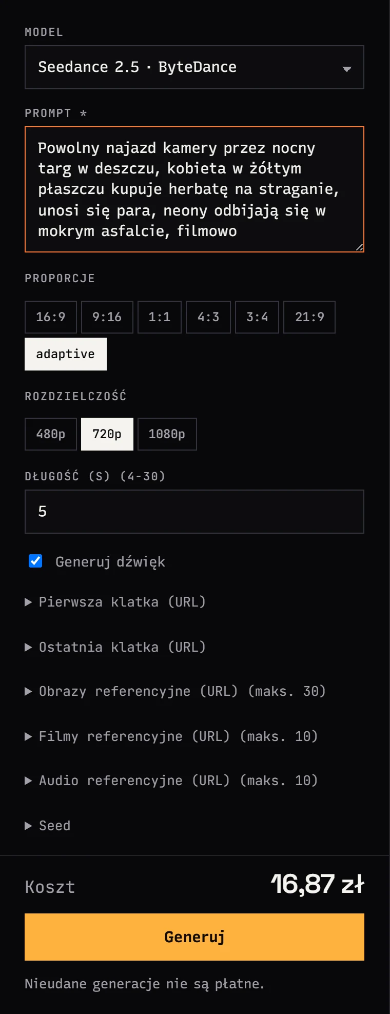 Formularz Seedance 2.5 w Jantaris Studio: proporcje, rozdzielczość, długość, dźwięk i koszt przed generacją
