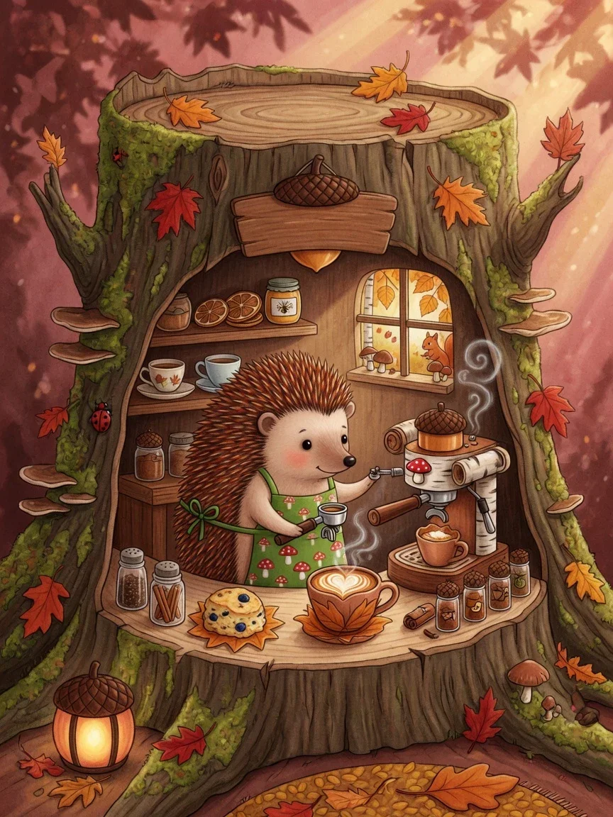 Hedgehog barista in a tree-stump cafe with no text anywhere
