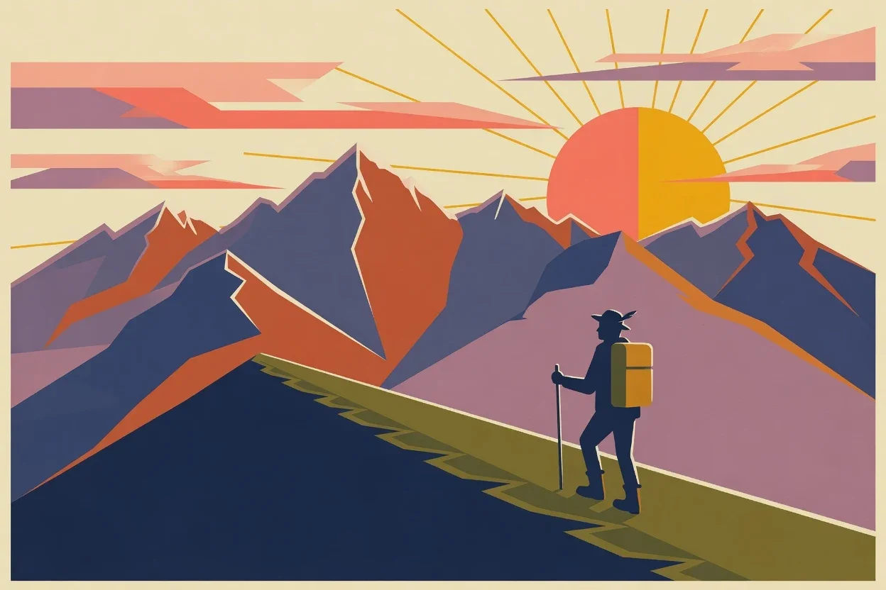 Mid-century style poster of mountains and a hiker at sunrise