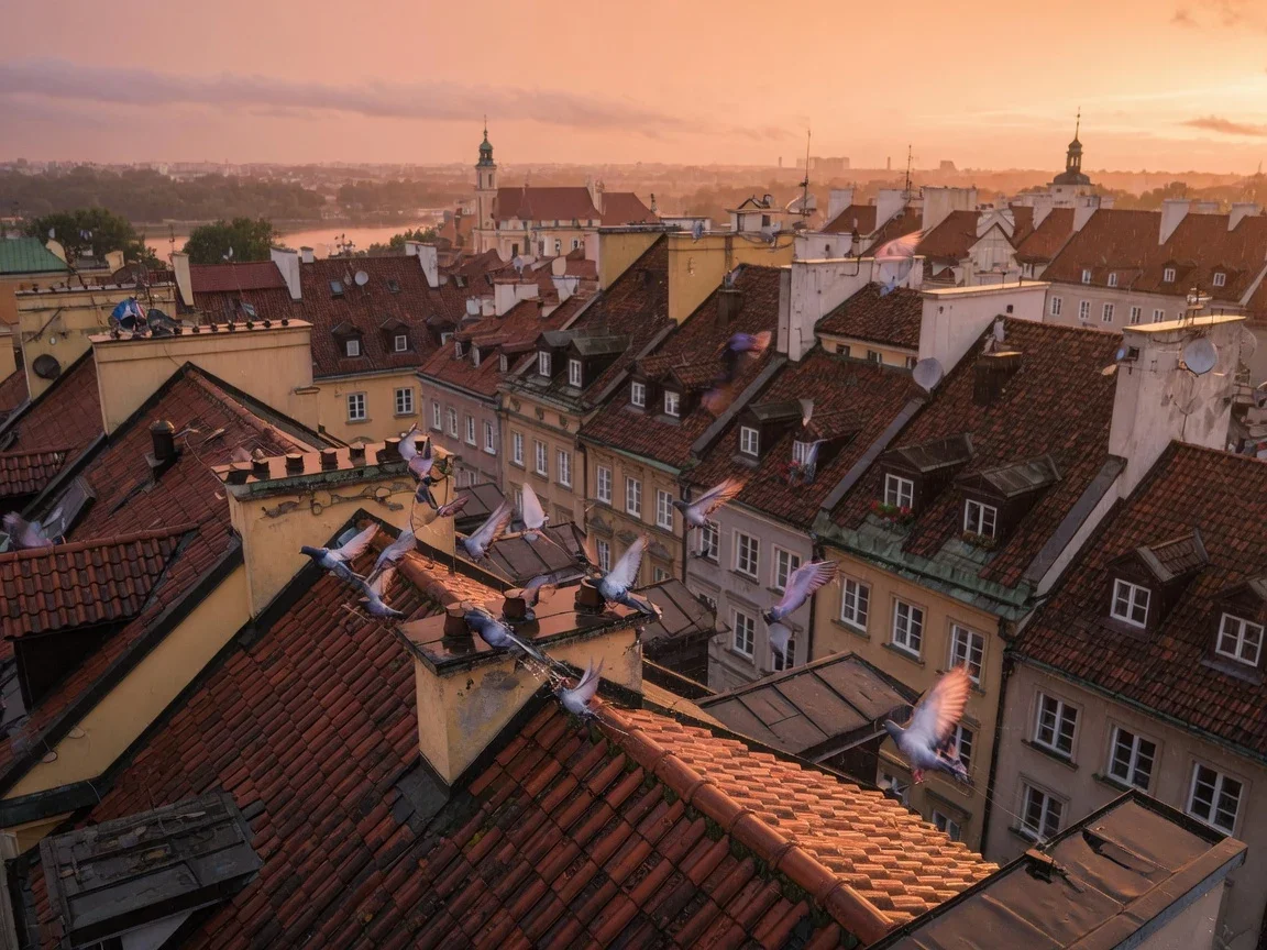 Dachy starego miasta w złotej godzinie, rozmyte gołębie w kadrze