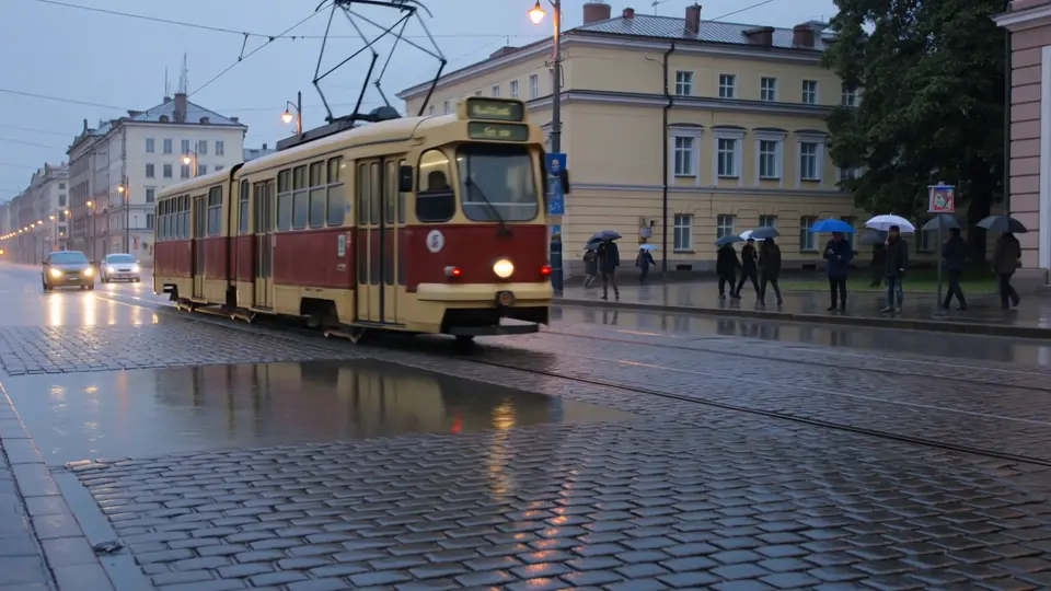 My Kling 3.0 test: a tram on a wet street in daylight