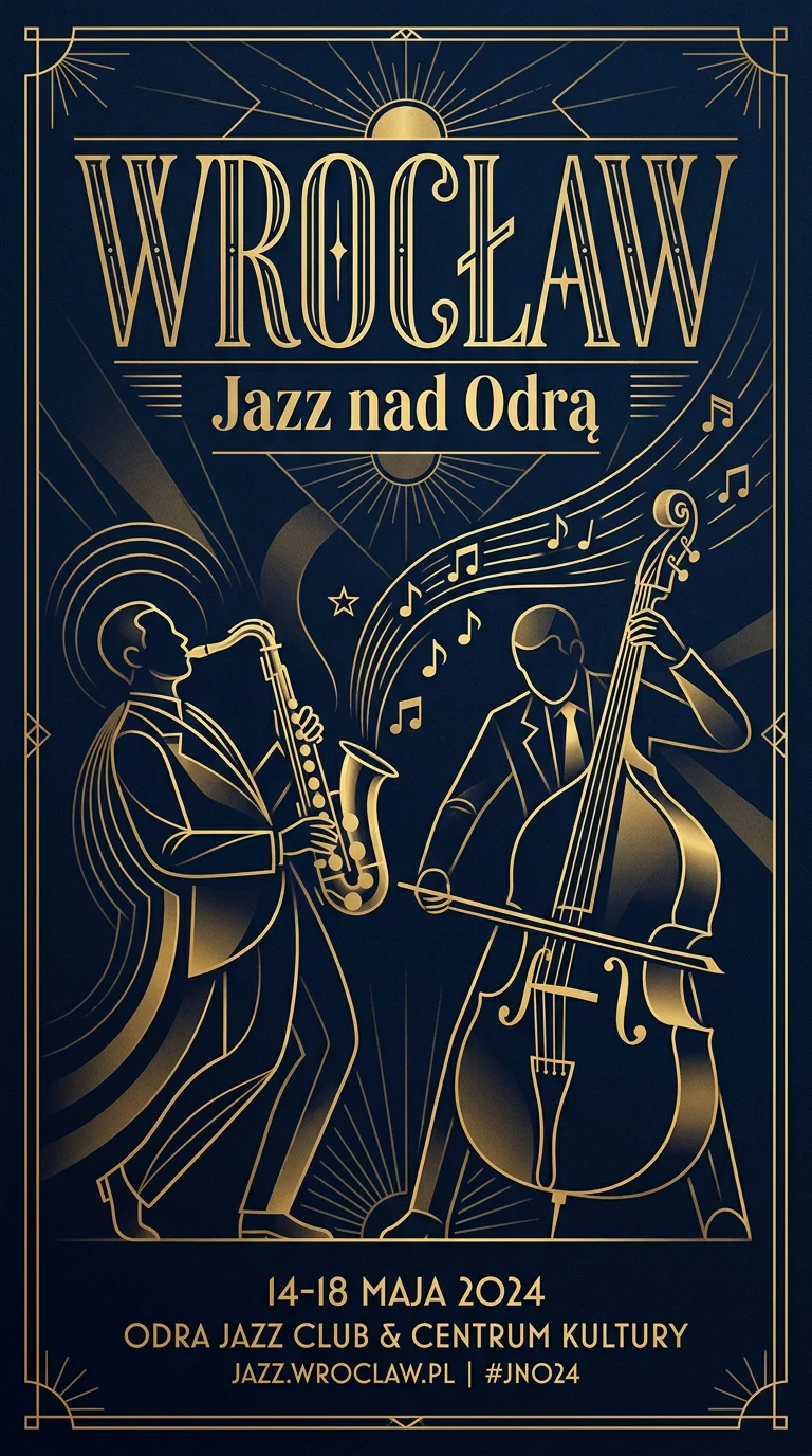 Art deco jazz poster with a saxophonist and a double bass player, with dates and a web address at the bottom added by the model