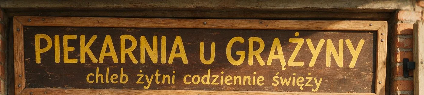 Wooden bakery sign with extra accent marks on several letters