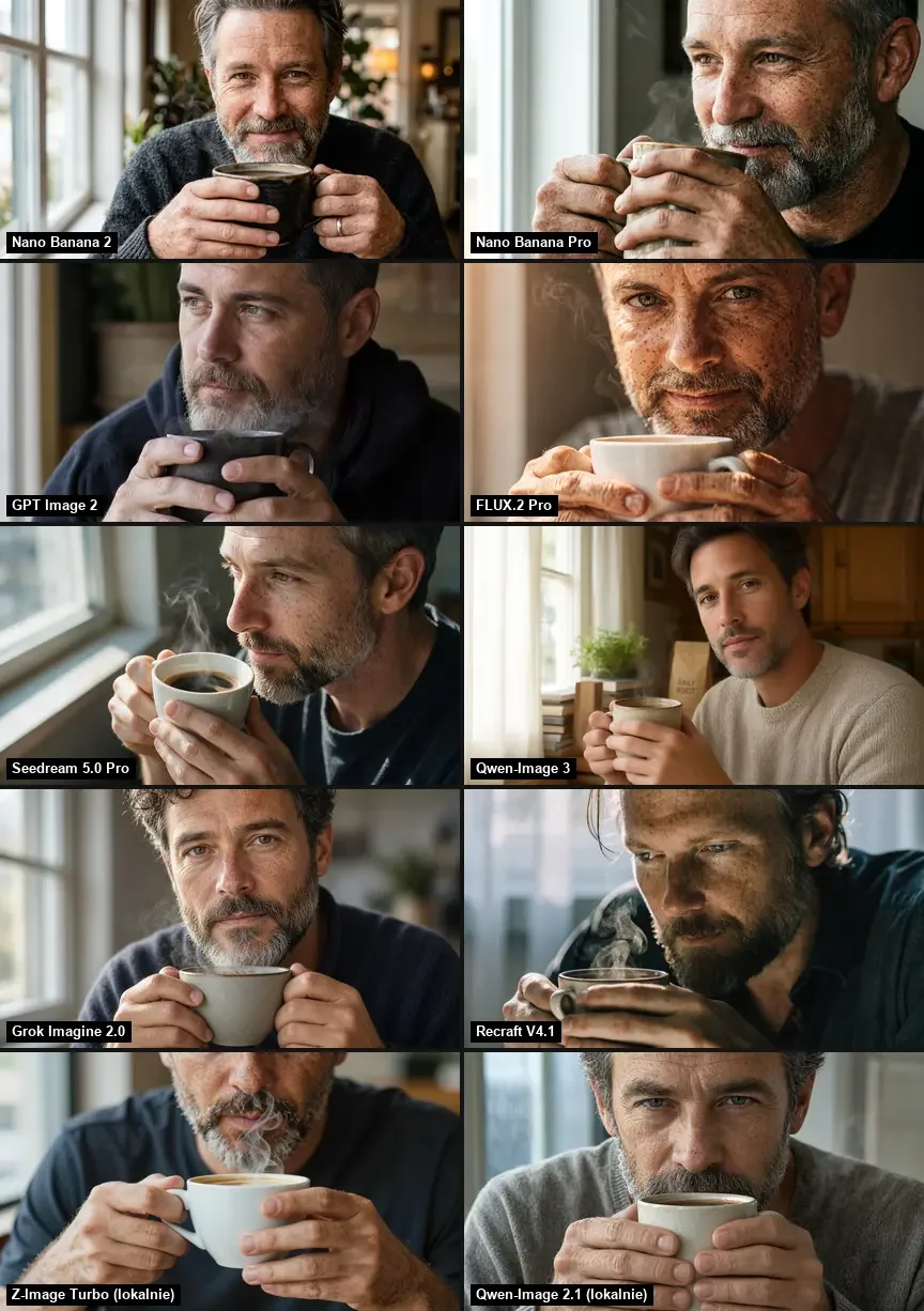 Grid of ten models: portrait of a grey-bearded man holding coffee in both hands