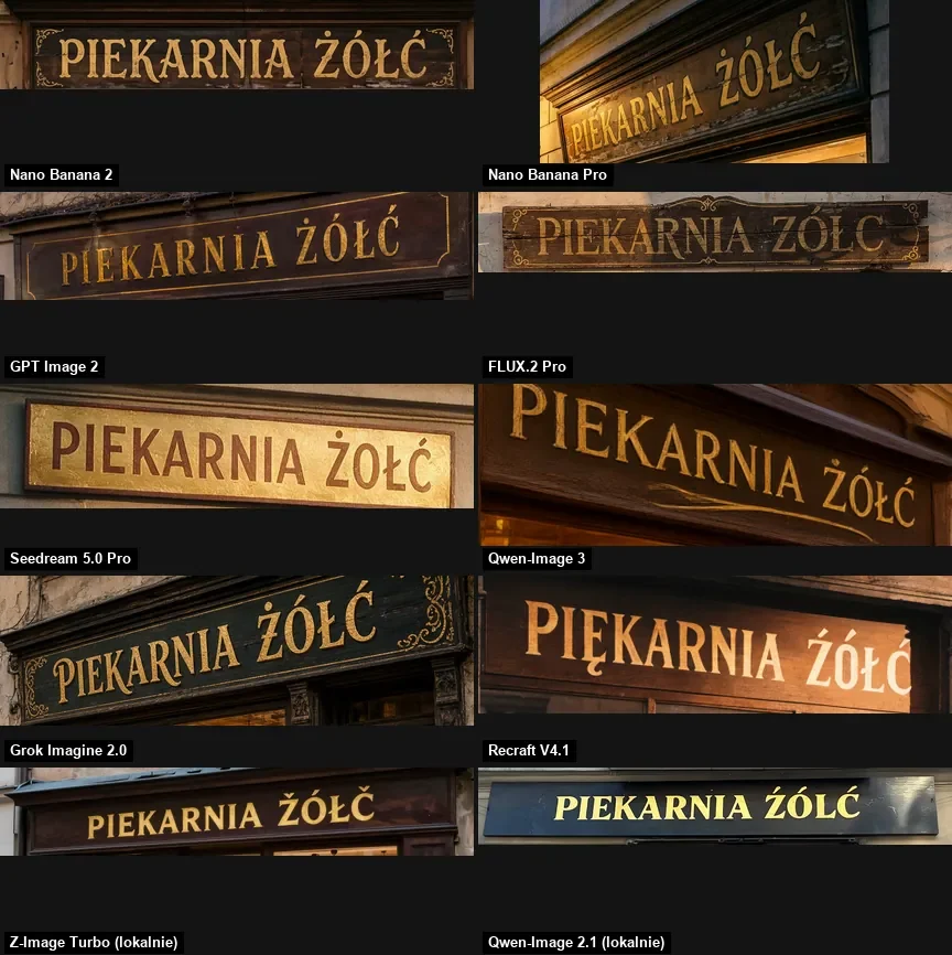 Zoomed shop signs from ten image models, several with spelling errors