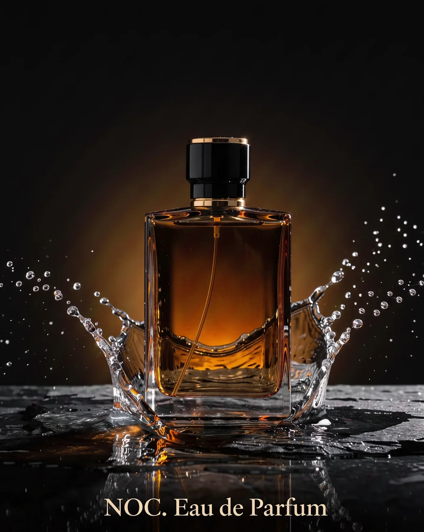 Amber perfume bottle in a crown of water splash on black stone with the line NOC. Eau de Parfum