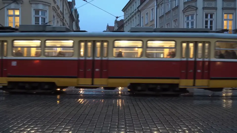 My Seedance 2.0 Fast test: a tram crossing the frame on wet cobblestones