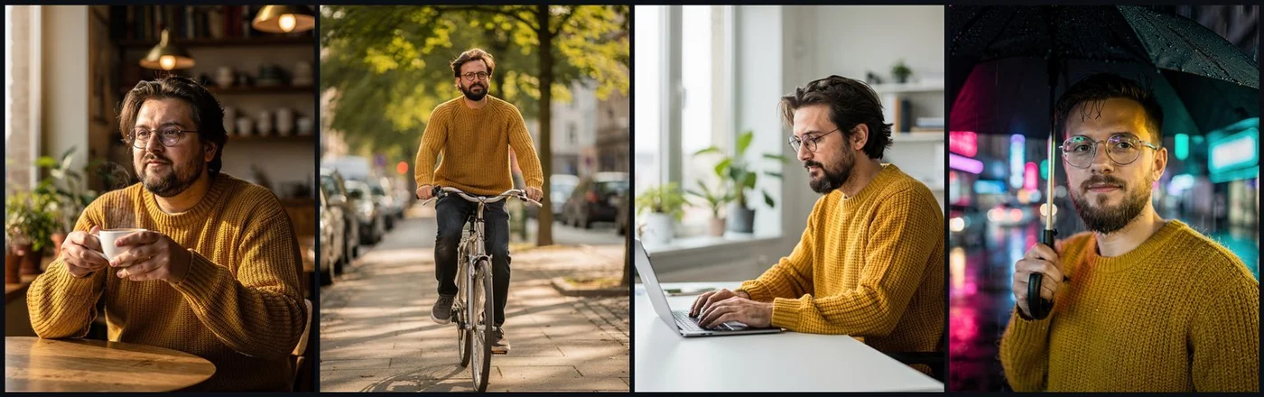 FLUX.2 pro: the same bearded man with glasses and a mustard sweater in a café, on a bike, at an office desk and in the rain