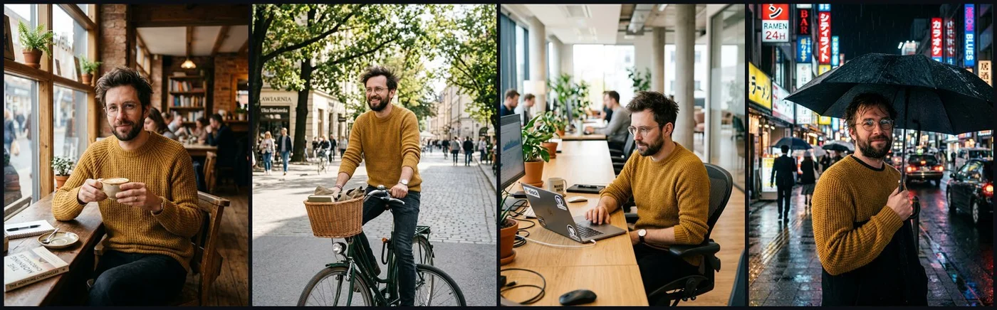 Nano Banana 2: a man in a mustard sweater in four scenes, with a noticeably different face in each