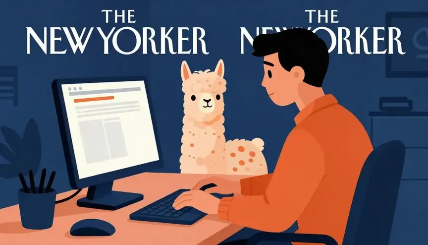 Flat illustration of a person at a computer next to a llama, with a magazine masthead drawn twice at the top