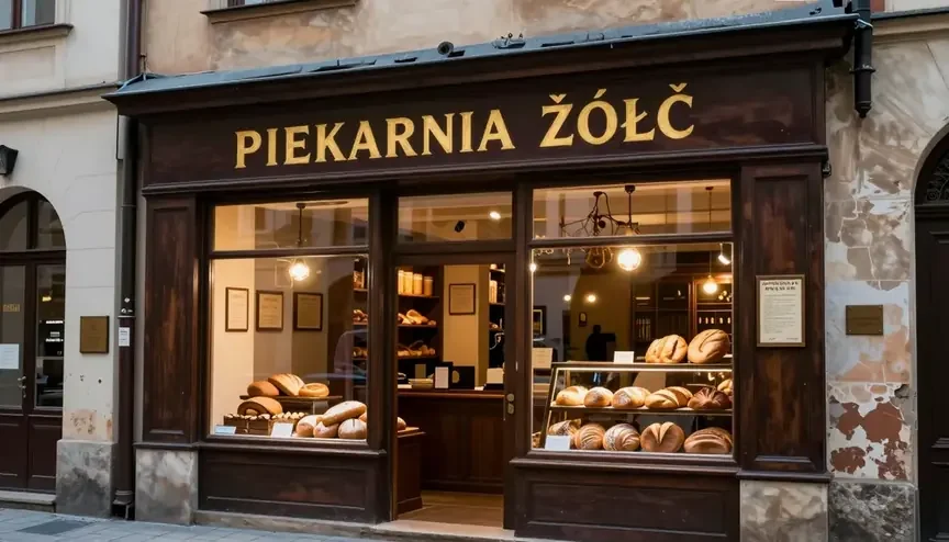 Bakery storefront with the sign reading PIEKARNIA ŽÓŁČ instead of ŻÓŁĆ