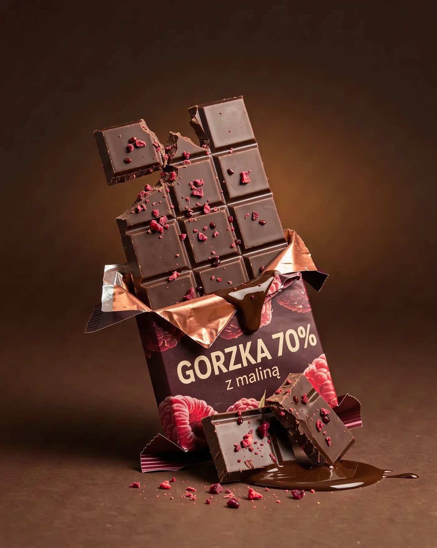 Broken dark chocolate bar with raspberry coming out of gold foil