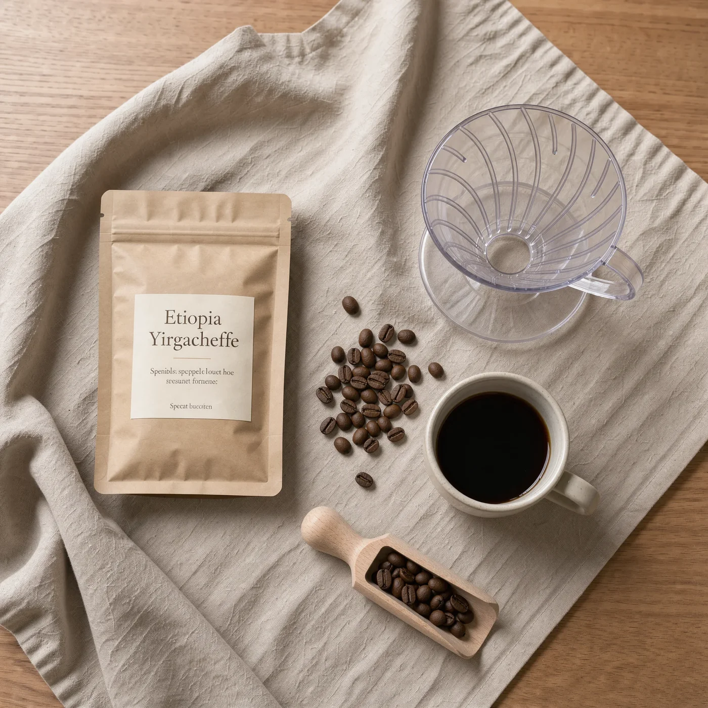Flat lay of a coffee bag labeled Etiopia Yirgacheffe with beans, a dripper and a cup on linen