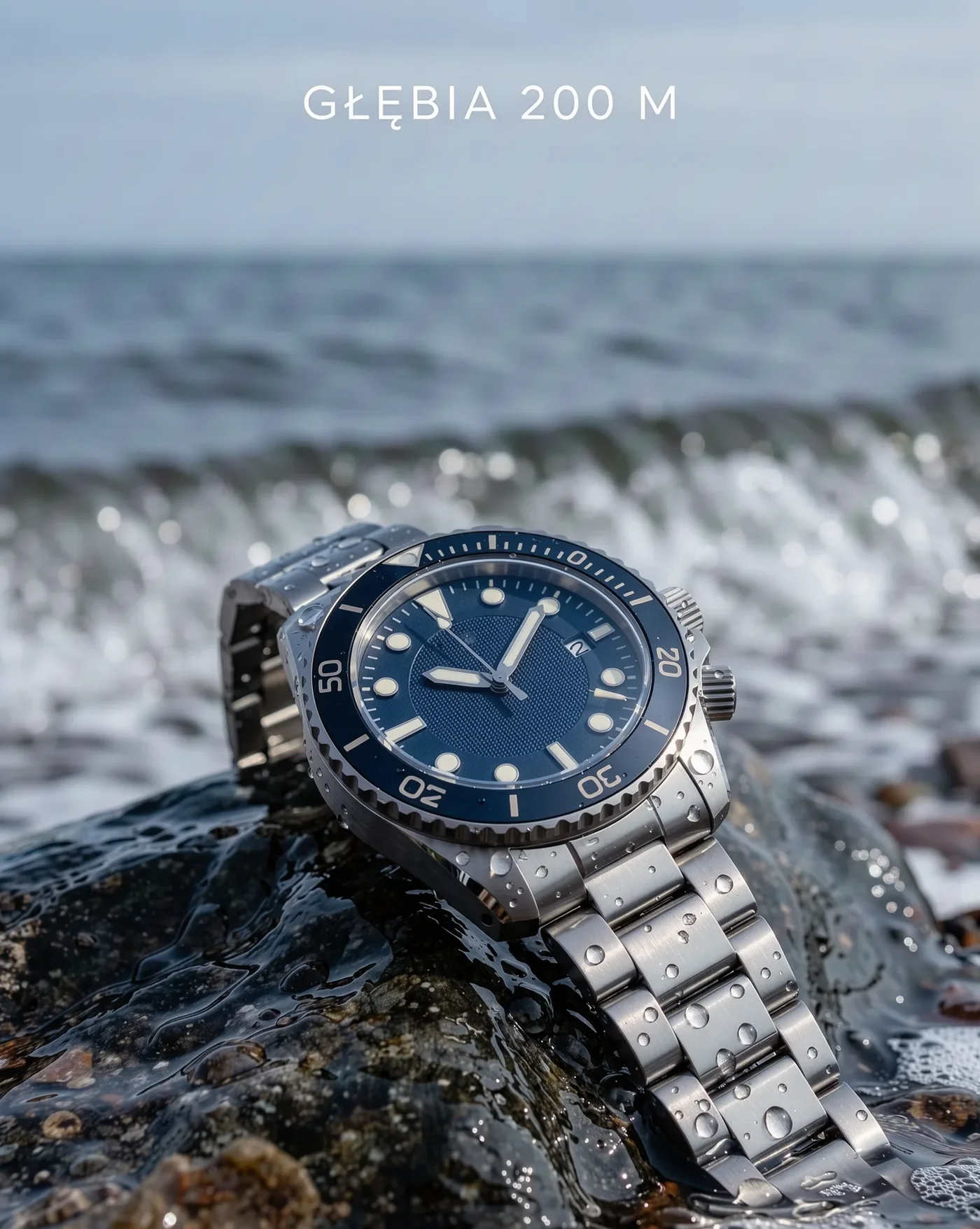 Diver watch on a wet rock at the Baltic shore with the headline GŁĘBIA 200 M