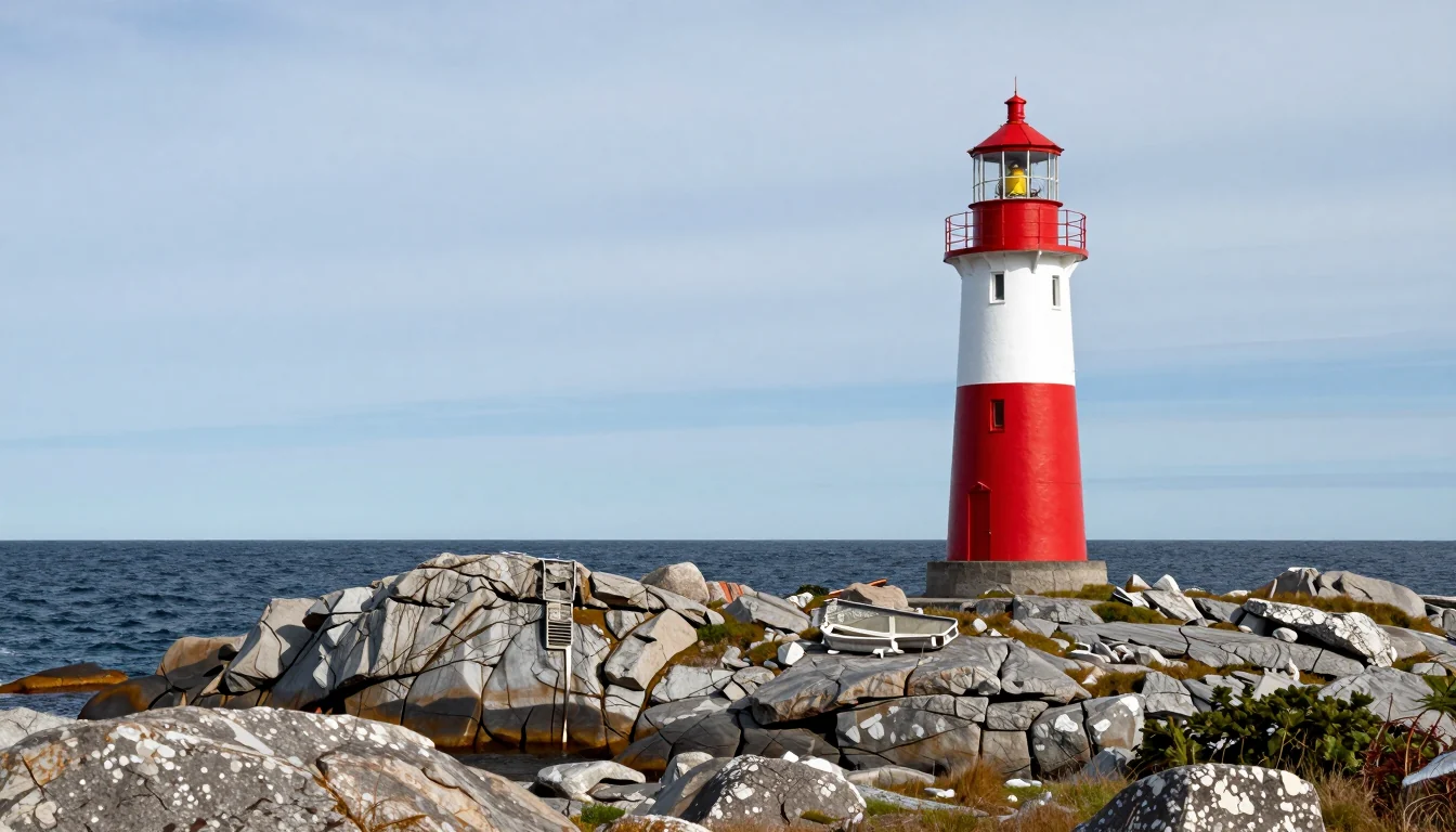 Red and white lighthouse on grey granite boulders by the sea under an overcast sky