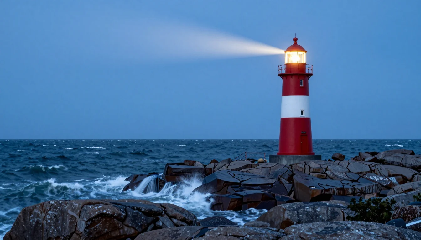 Lighthouse at blue hour with the lamp lit, a beam of light and waves breaking on rocks