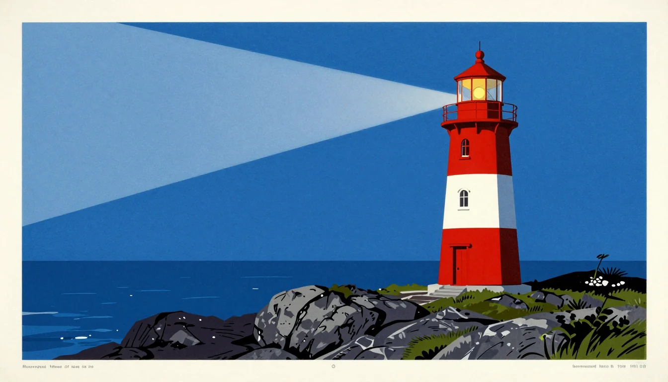 Vintage 1950s travel poster of a red and white lighthouse on the Baltic coast at blue hour