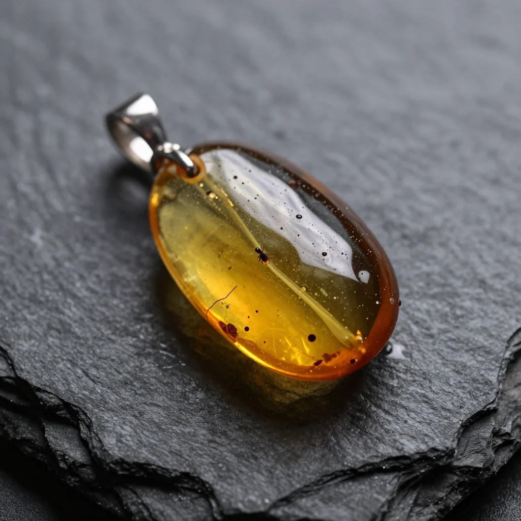 Amber pendant with an insect inclusion on wet slate, square