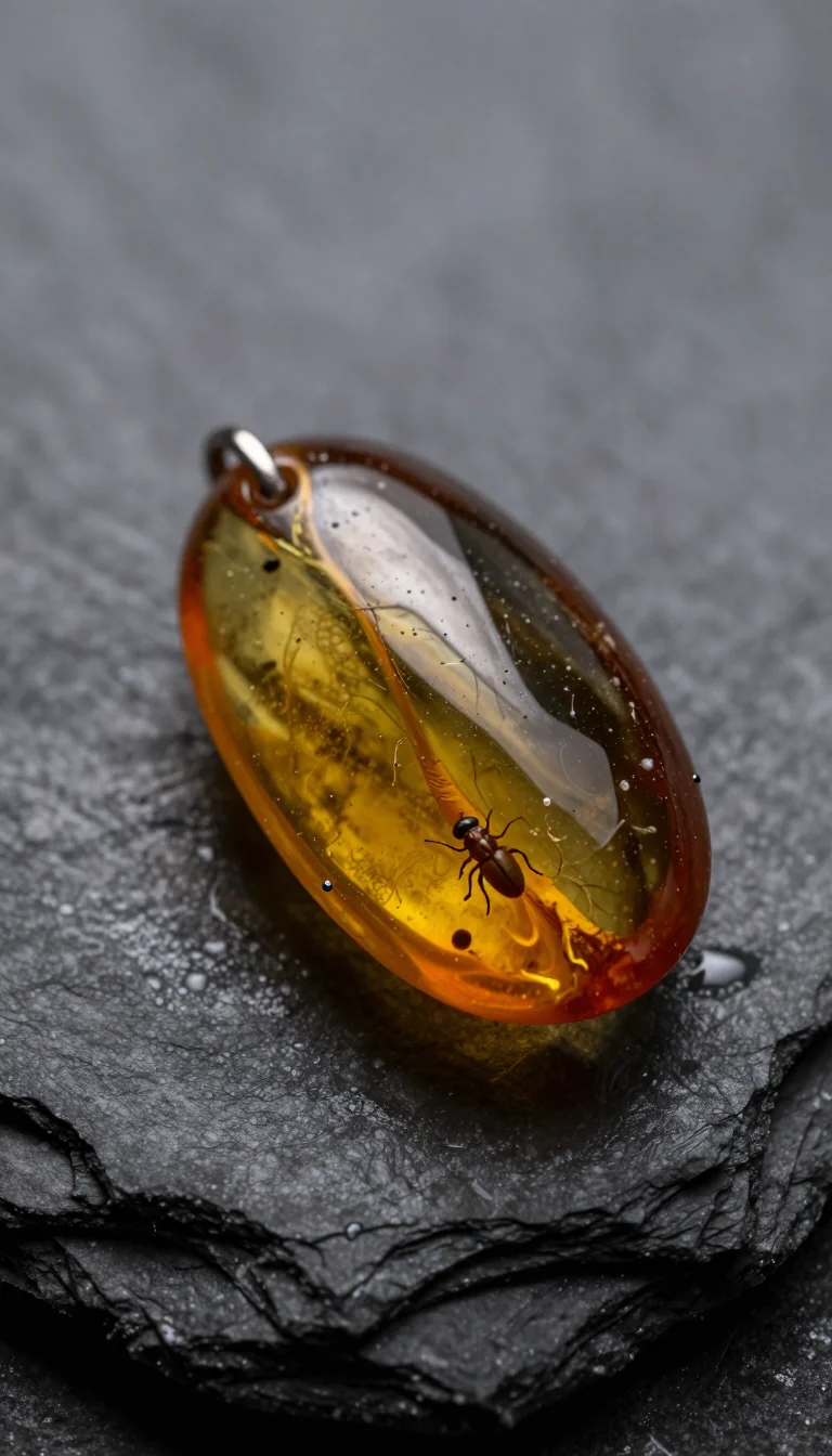 Amber pendant with an insect inclusion on wet slate, vertical