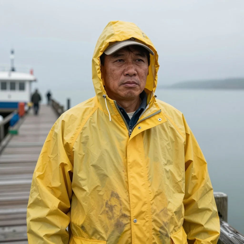Fisherman in a yellow raincoat with a cap under the hood on a pier