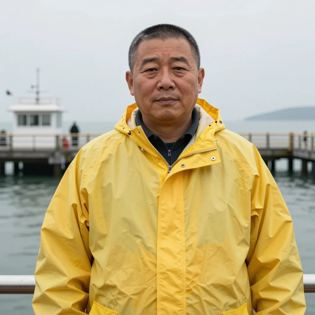 A third fisherman in a yellow raincoat, short hair, hood down
