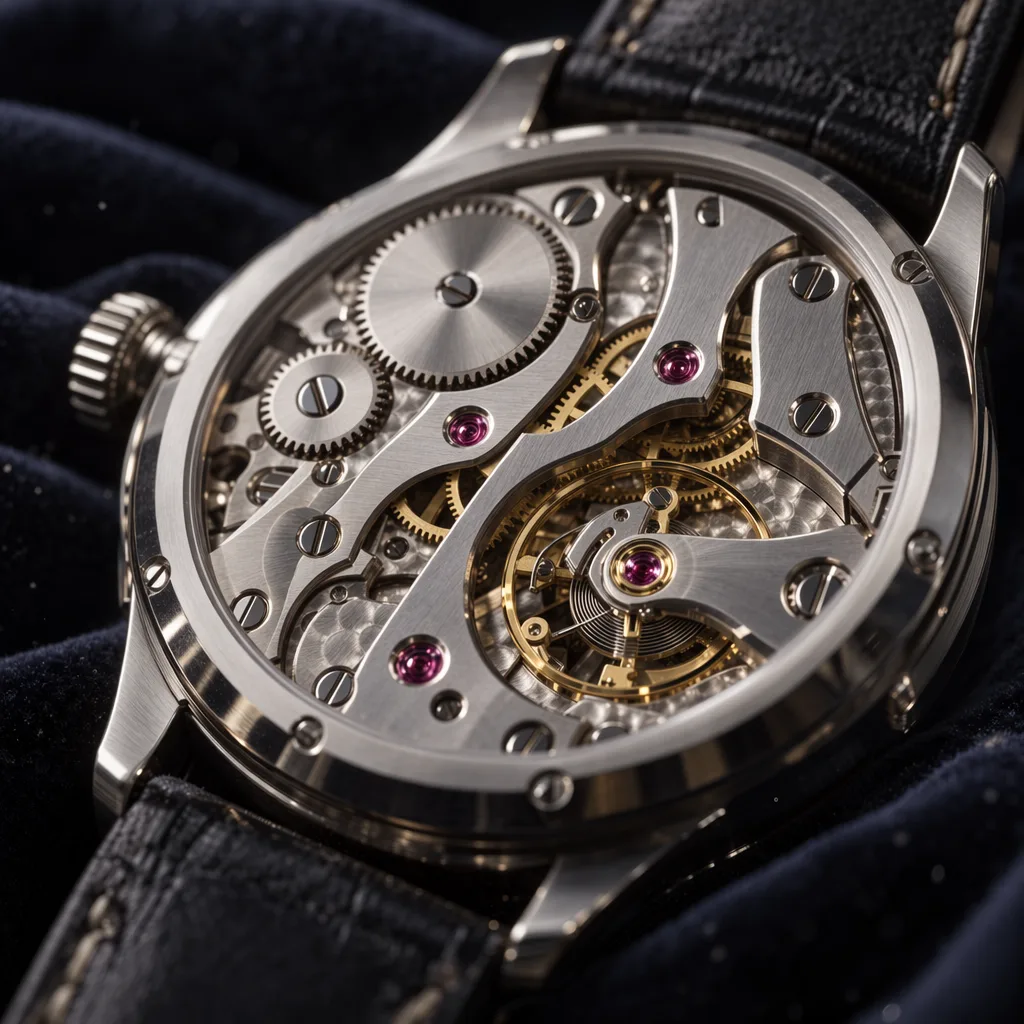 GPT Image 2.5 Sunburst (quality max, 1024x1024). Prompt: "Intent: luxury watch macro detail shot. Background: dark velvet cloth with soft folds. Foreground: faint reflections and tiny dust motes. Hero subject: exposed watch movement with gears and rubies, no brand marks. Finishing details: precise metal machining, macro depth of field, no logos or trademarks, no watermark. Camera: 100mm macro, shallow focus."