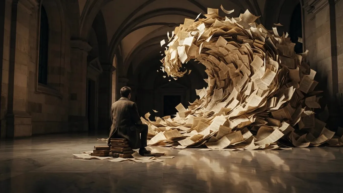 Nano Banana 2 Lite (Gemini 3.1 Flash-Lite Image) model-page hero image: a man sitting on a stack of books looking at a massive tidal wave made of flying paper sheets inside a grand vaulted hall (vendor alt text; prompt not published)