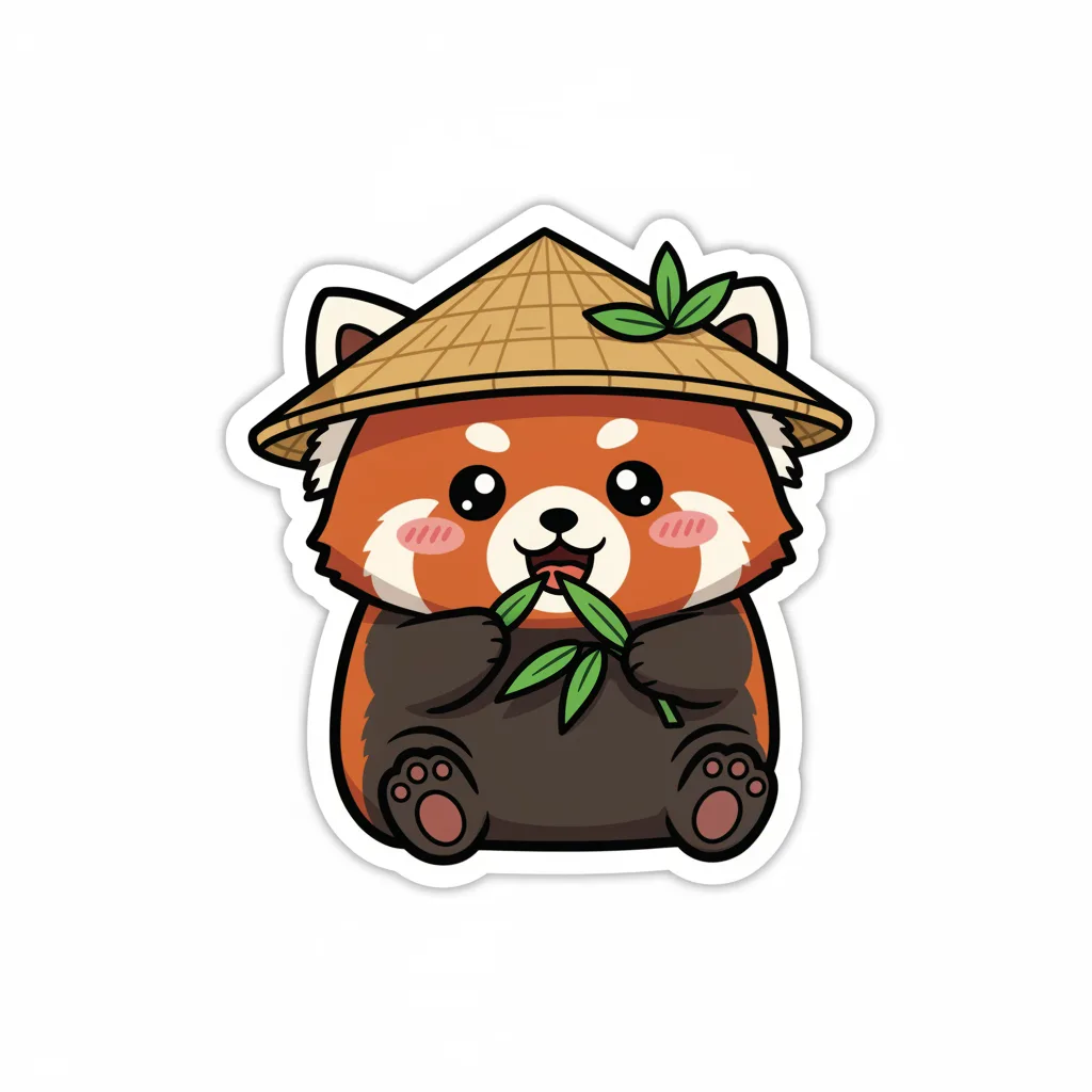 Gemini 2.5 Flash Image (Nano Banana) example output. Prompt: "A kawaii-style sticker of a happy red panda wearing a tiny bamboo hat. It's munching on a green bamboo leaf. The design features bold, clean outlines, simple cel-shading, and a vibrant color palette. The background must be white."