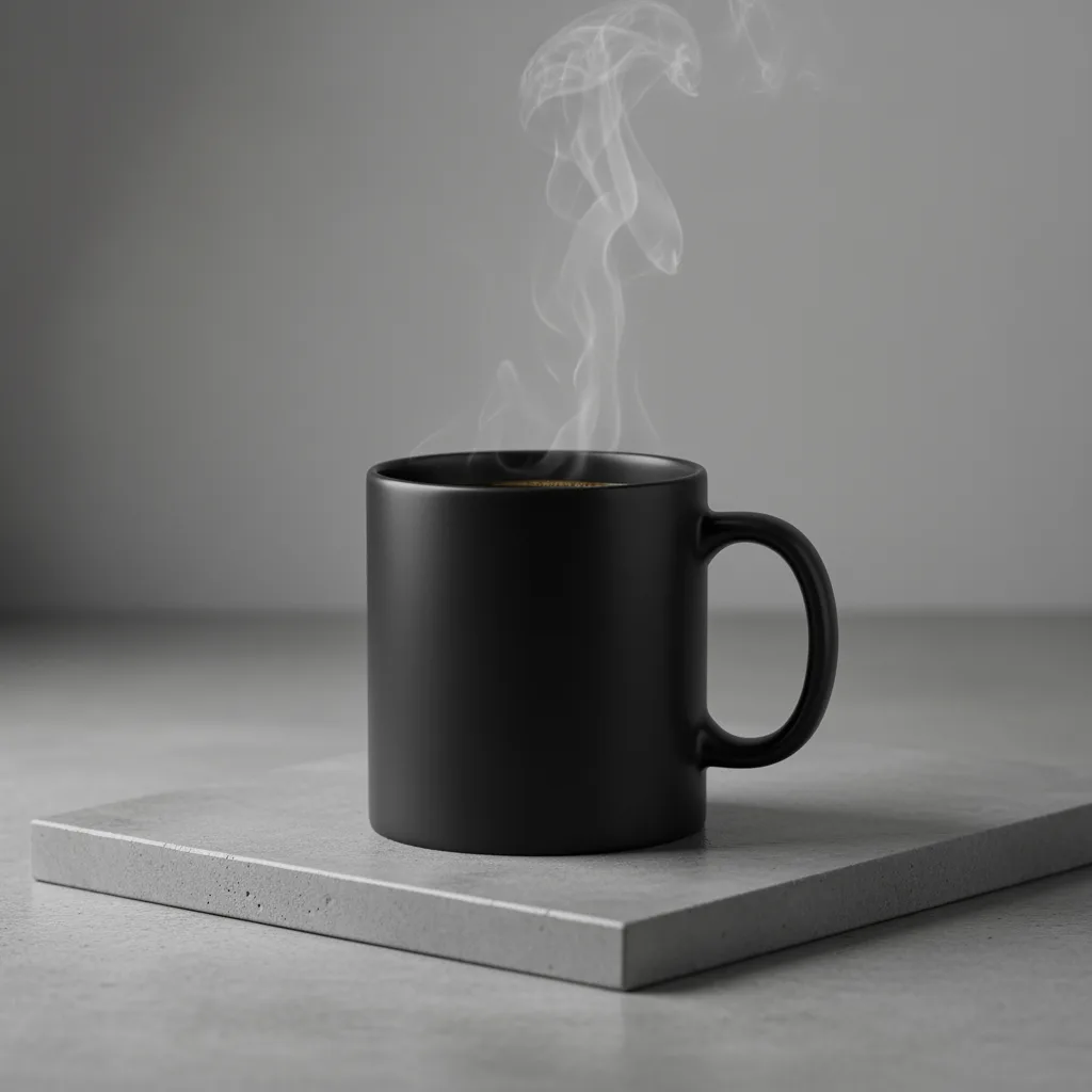 Gemini 2.5 Flash Image (Nano Banana) example output. Prompt: "A high-resolution, studio-lit product photograph of a minimalist ceramic coffee mug in matte black, presented on a polished concrete surface. The lighting is a three-point softbox setup designed to create soft, diffused highlights and eliminate harsh shadows. The camera angle is a slightly elevated 45-degree shot to showcase its clean lines. Ultra-realistic, with sharp focus on the steam rising from the coffee. Square image."